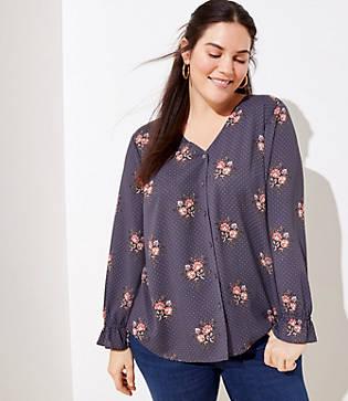 Loft Plus Bouquet Bell Cuff Button Front Blouse