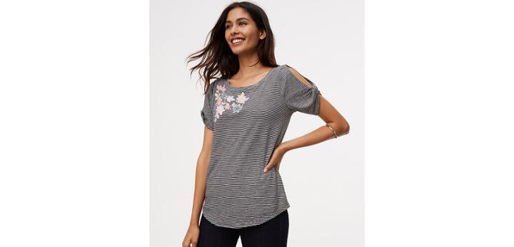 Loft Floral Stripe Twist Sleeve Vintage Soft Tee