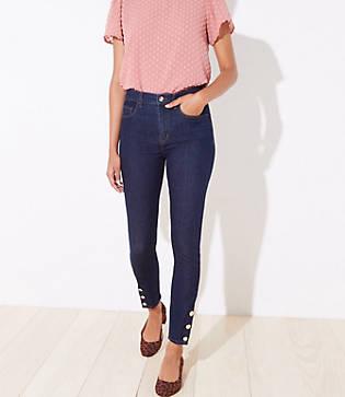 Loft Gilded Button High Waist Slim Pocket Skinny Jeans In Dark Rinse