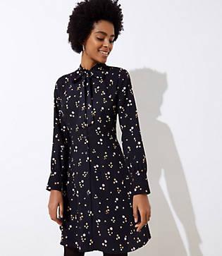 Loft Floral Tie Neck Flare Dress