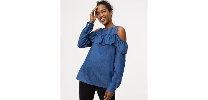 Loft Chambray Flounce Cold Shoulder Shirt
