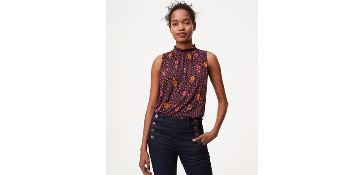 Loft Rosebud Smocked Mock Neck Shell