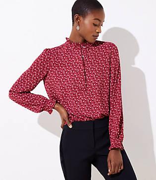Loft Leaf Dot Ruffle Henley Utility Blouse
