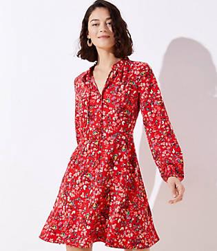 Loft Primrose Tie Neck Flare Dress