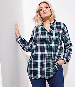 Loft Plus Plaid Ruffle Utility Henley Blouse