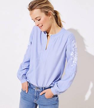 Loft Embroidered Sleeve Split Neck Blouse