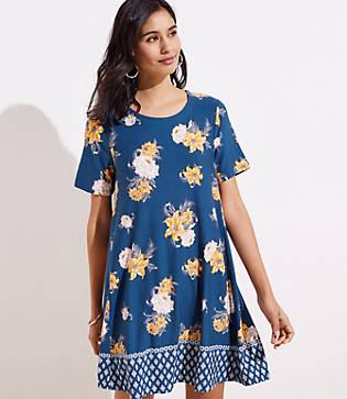 Loft Border Floral Short Sleeve Swing Dress