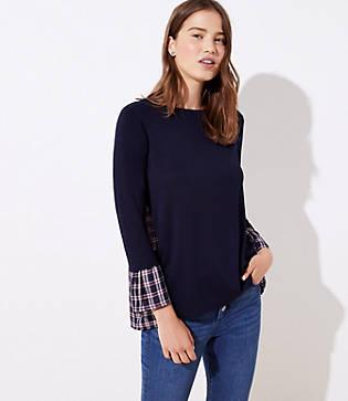 Loft Plaid Mixed Media Bell Cuff Sweatshirt