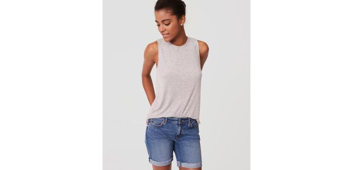 Loft Curvy Denim Bermuda Roll Shorts In Original Mid Indigo Wash
