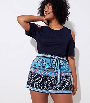 Loft Plus Border Floral Tie Waist Fluid Shorts