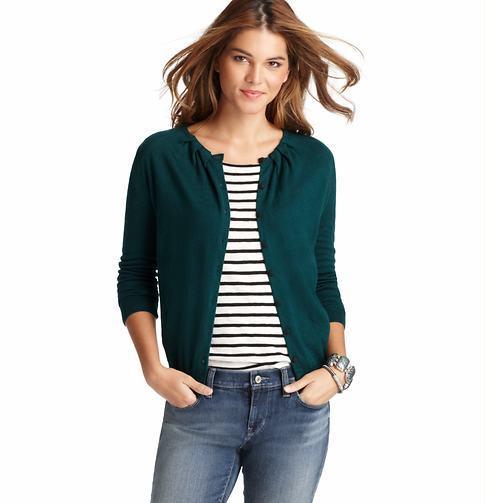 LOFT Pleated 3/4 Sleeve Cardigan, Emerald Green
