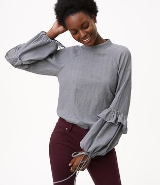 Loft Houndstooth Ruffle Tie Blouse