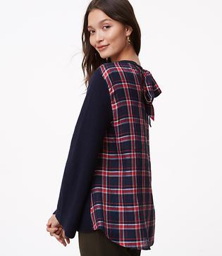 Loft Plaid Tie Back Mixed Media Sweater