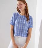 Loft Plaid Puff Sleeve Button Back Top