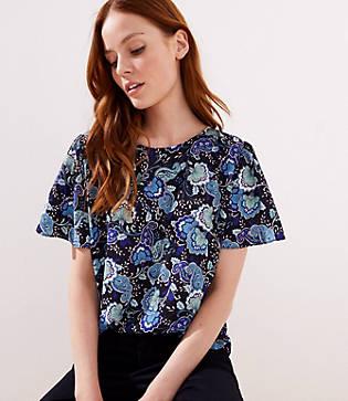 Loft Paisley Mixed Media Tie Back Flutter Tee