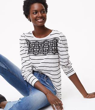 Loft Lace Striped Puff Sleeve Tee