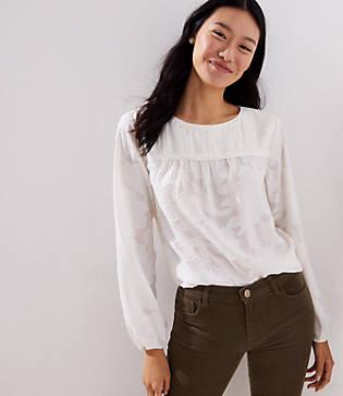 Loft Floral Jacquard Pintucked Yoke Blouse