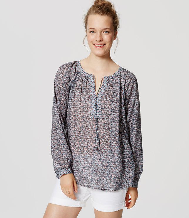 Loft Paisley Floral Tie Neck Blouse