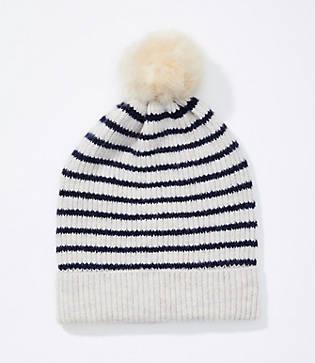Loft Striped Faux Fur Pom Pom Hat