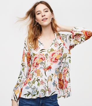 Loft Poppy Bloom Smocked Tie Neck Blouse