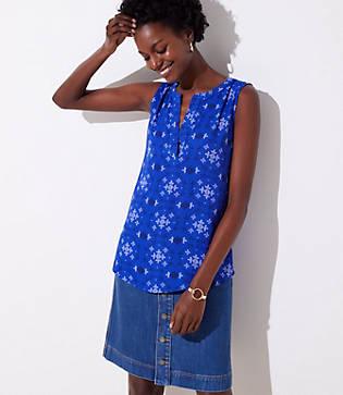 Loft Eyelet Print Mixed Media Split Neck Shell