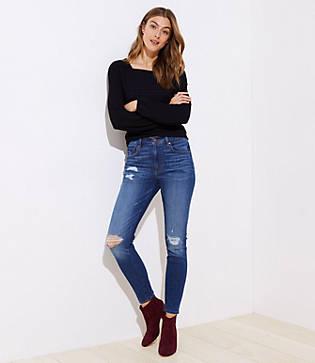 Loft Modern Distressed High Waist Skinny Jeans In Mid Indigo Wash