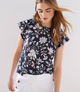 Loft Floral Ruffle Sleeve Linen Tee