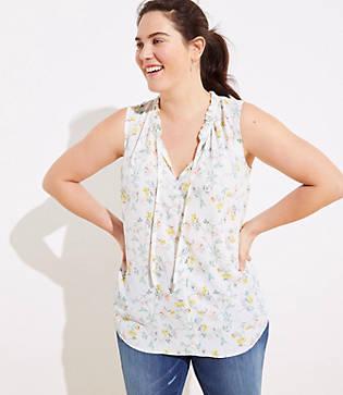 Loft Plus Floral Mixed Media Tie Neck Shell