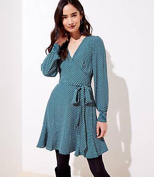 Loft Dotted Smocked Cuff Wrap Dress