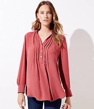 Loft Pintucked Tie Neck Tunic Blouse