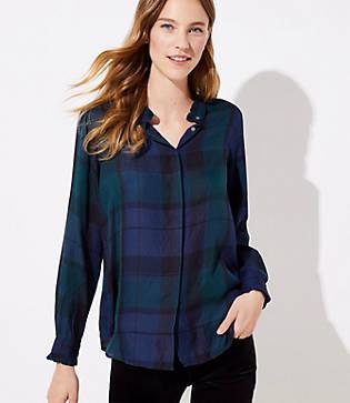 Loft Plaid Ruffle Collar Utility Blouse