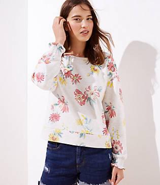 Loft Beach Floral Smocked Cuff Sweatshirt