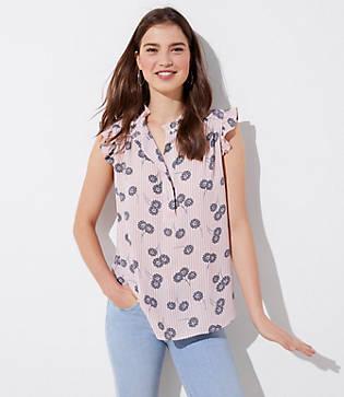 Loft Dandelion Stripe Ruffle Henley Shell