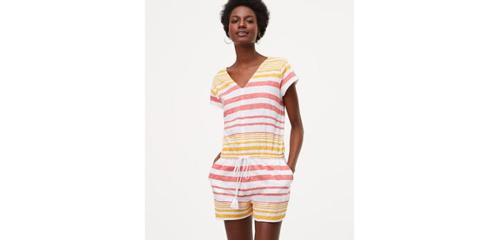 Loft Beach Striped Drawstring V-neck Romper