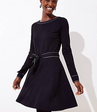 Loft Topstitched Tie Waist Flare Dress
