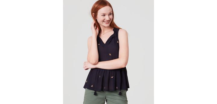 Loft Embroidered Tie Neck Peplum Shell