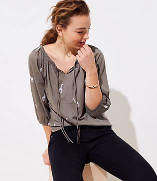 Loft Embroidered Giraffe Tie Neck Blouse