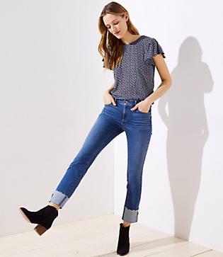 Loft Modern Cuffed Straight Leg Jeans In Pure Mid Indigo Wash