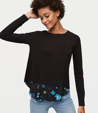 Loft Floral Ruffle Back Mixed Media Sweater