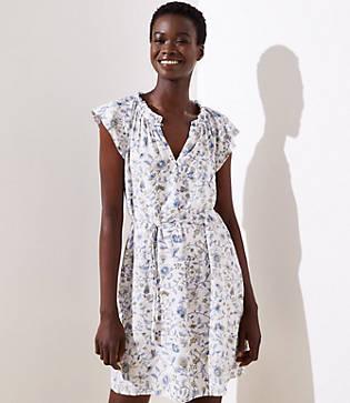 Loft Floral Ruffled Split Neck Dress