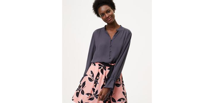 Loft Covered Button Tie Cuff Blouse