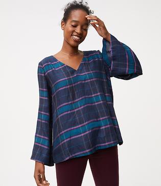 Loft Plaid Bar Back Bell Sleeve Top