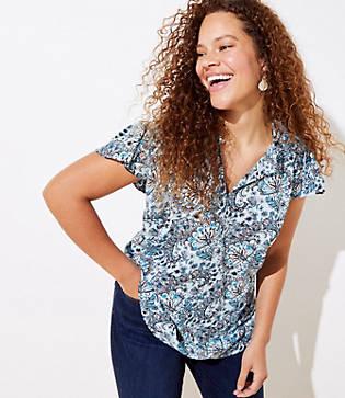 Loft Plus Floral Ruffle Keyhole Shell