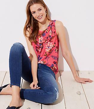 Loft Floral Smocked Ruffle Yoke Shell