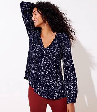 Loft Spotted Tie Neck Ruffle Hem Blouse