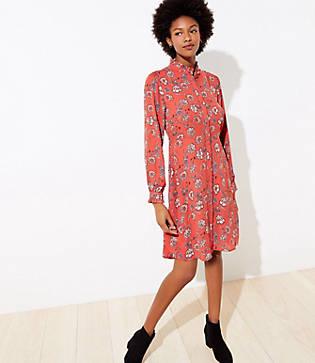 Loft Floral Ruffle Trim Shirtdress