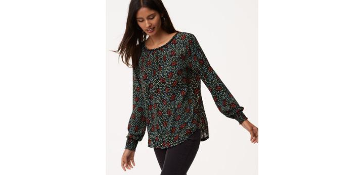 Loft Diamond Floral Mixed Media Smocked Cuff Blouse