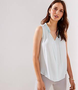 Loft Ruffle Tie Neck Mixed Media Shell