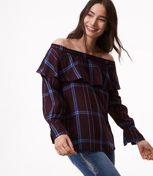 Loft Plaid Ruffle Off The Shoulder Top