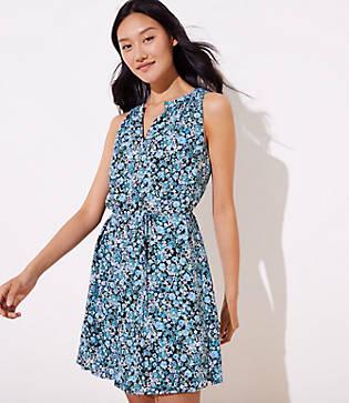 Loft Floral Split Neck Tie Waist Dress